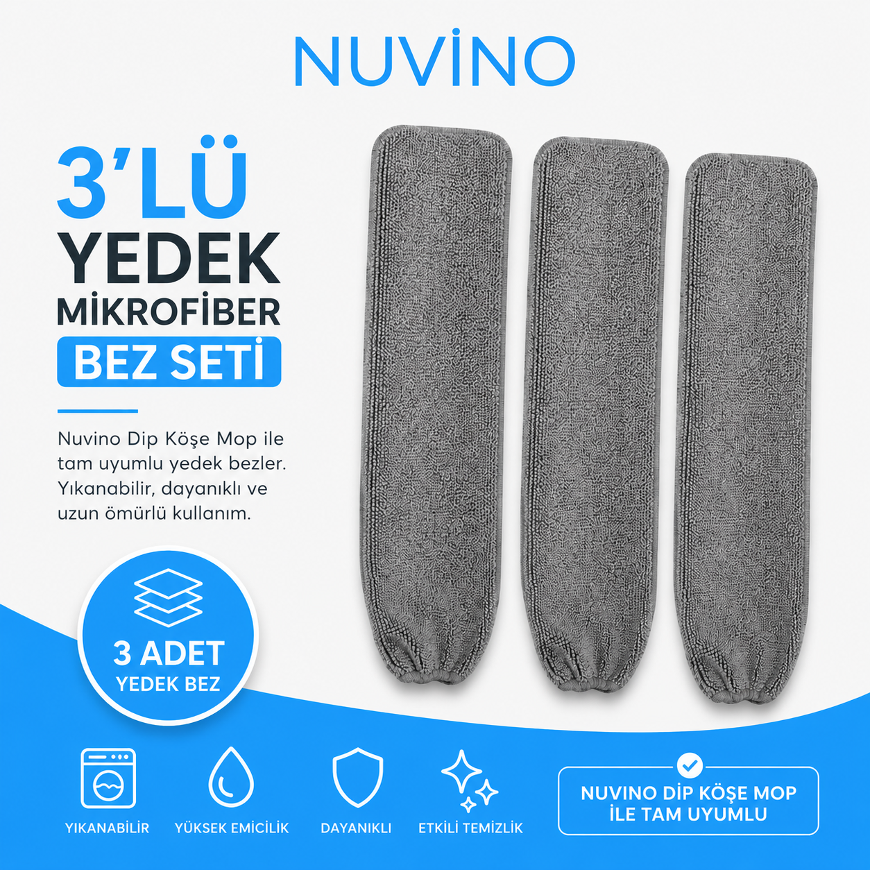 3 Adet Dip Köşe Mop Yedek Mikrofiber Bezi
